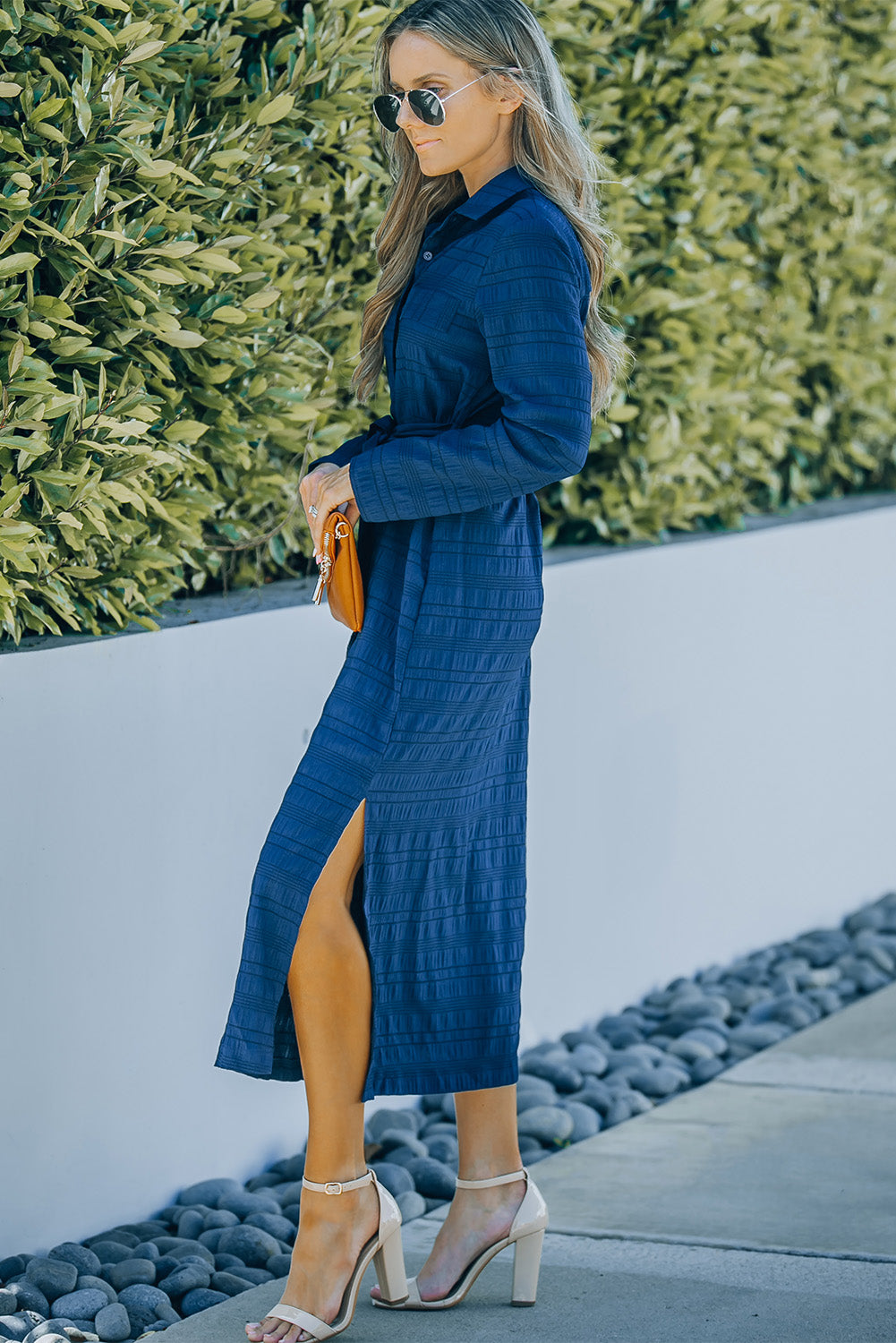 Button Front Textured Slit Shirt Dress with Belt - AllIn Computer