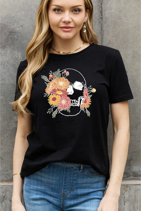 Simply Love Full Size Flower Skull Graphic Cotton Tee - AllIn Computer
