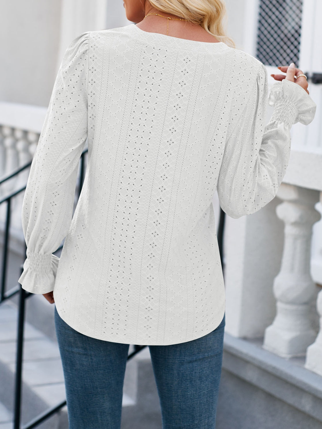 Eyelet Notched Flounce Sleeve Blouse - AllIn Computer