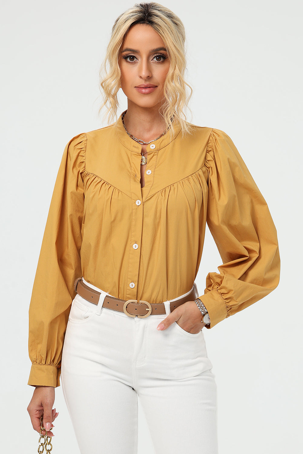 Ruched Button Up Long Sleeve Shirt - AllIn Computer