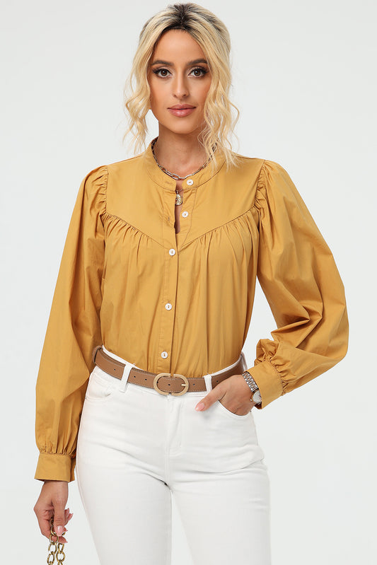 Ruched Button Up Long Sleeve Shirt - AllIn Computer