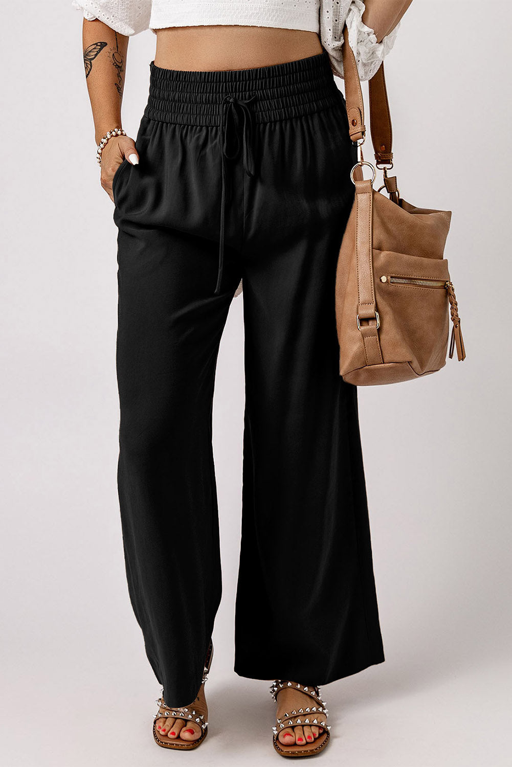 Drawstring Smocked Waist Wide Leg Pants - AllIn Computer