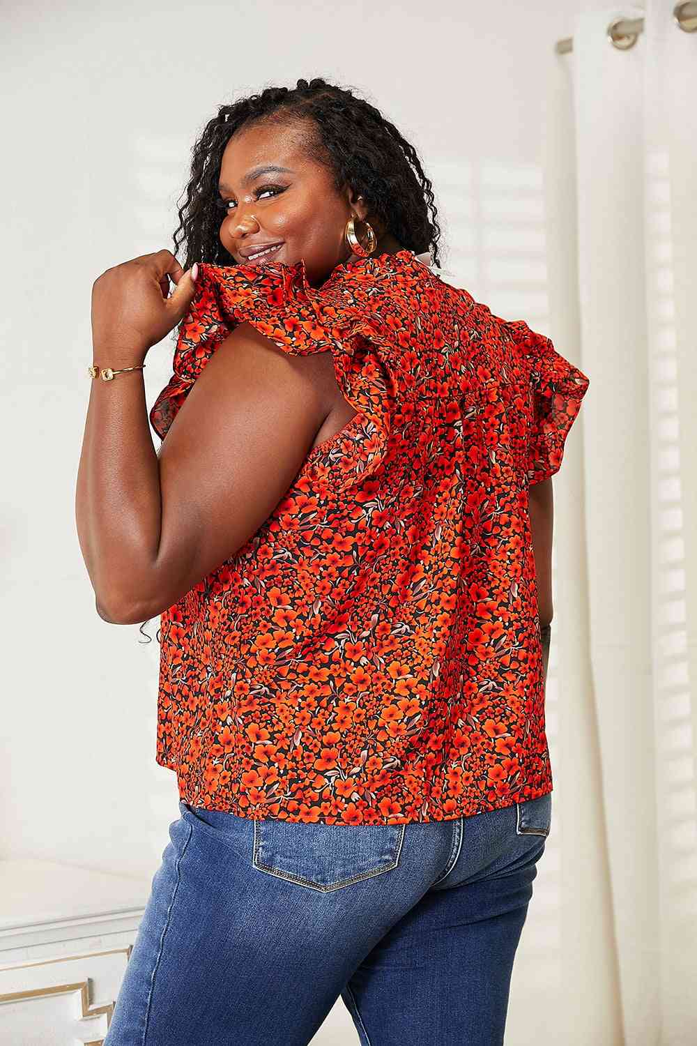 Double Take Floral Flutter Sleeve Notched Neck Blouse - AllIn Computer