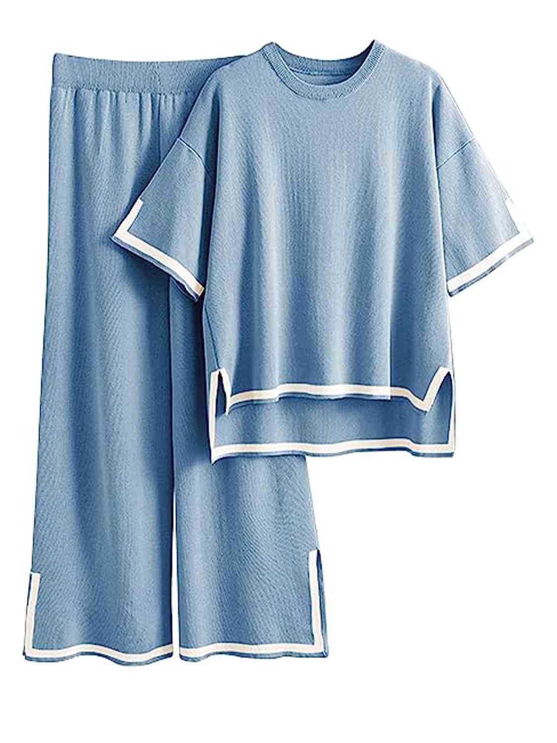 Contrast High-Low Sweater and Knit Pants Set - AllIn Computer