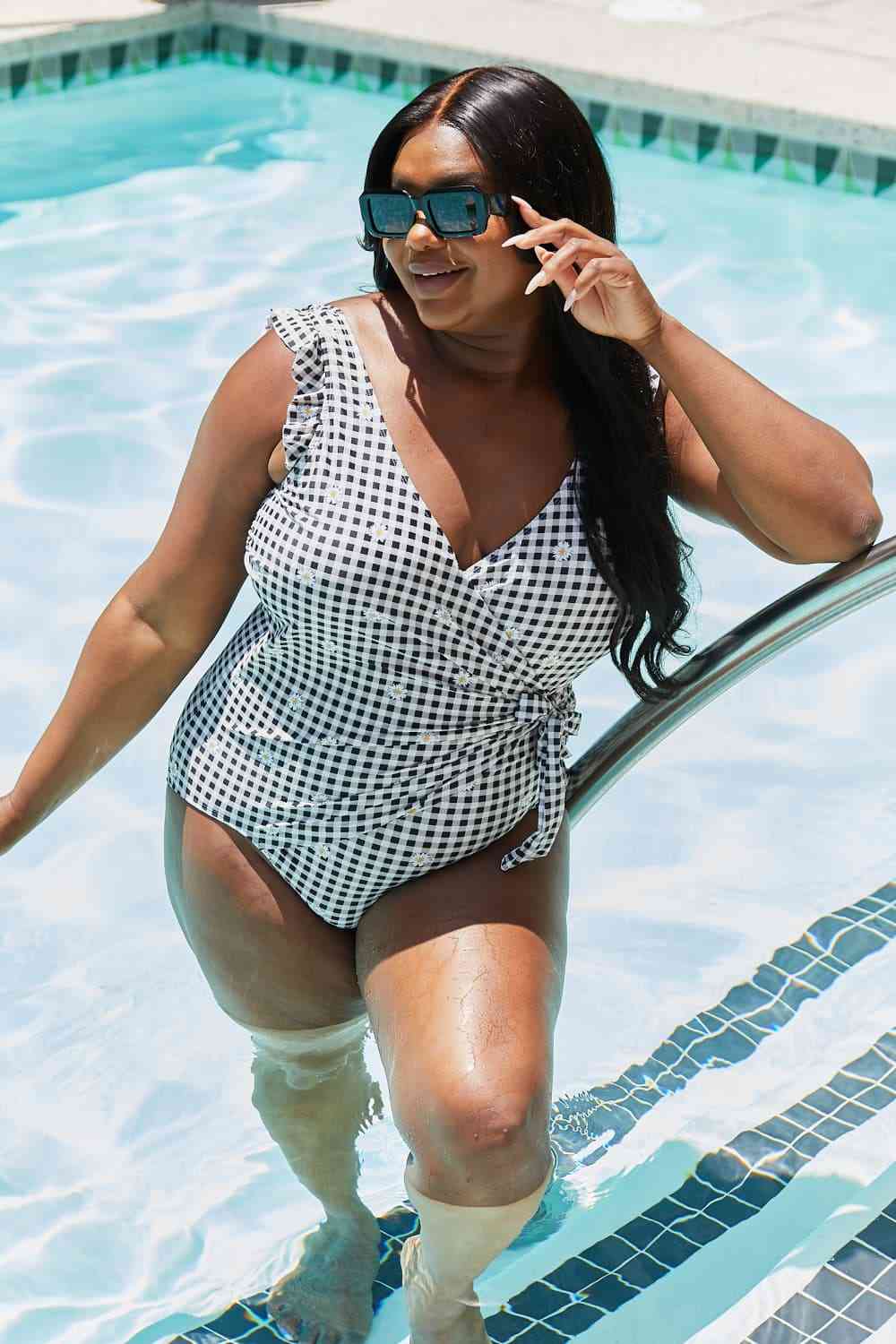 Marina West Swim Full Size Float On Ruffle Faux Wrap One-Piece in Black - AllIn Computer