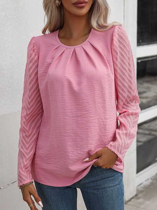 Ruched Round Neck Puff Sleeve Blouse - AllIn Computer