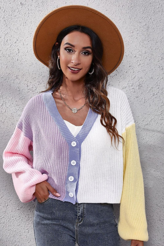 Color Block Ribbed Long Sleeve Cardigan - AllIn Computer