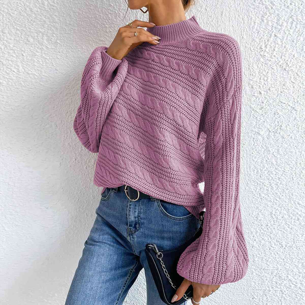 Cable-Knit Mock Neck  Long Sleeve Sweater - AllIn Computer