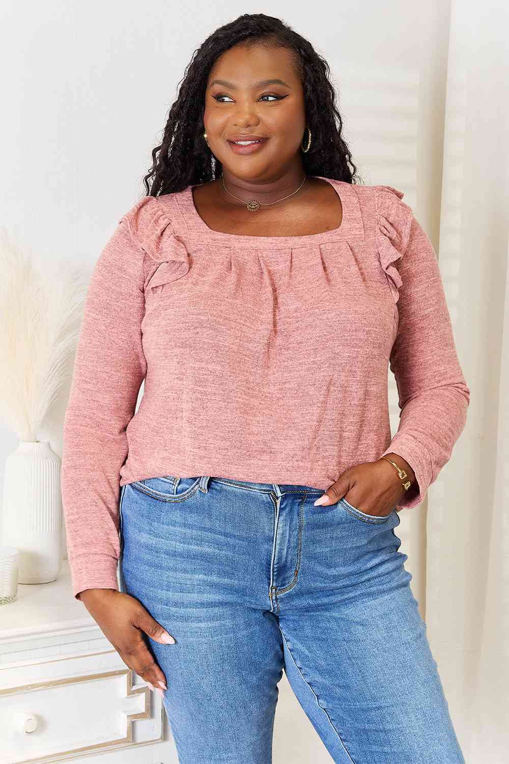 Double Take Square Neck Ruffle Shoulder Long Sleeve T-Shirt - AllIn Computer