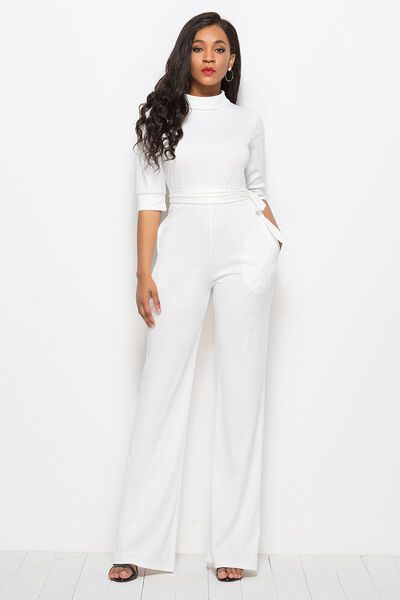 Mock Neck Tie-Waist Half Sleeve Jumpsuit - AllIn Computer