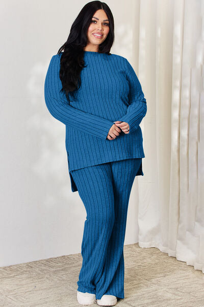 Basic Bae Full Size Ribbed High-Low Top and Wide Leg Pants Set - AllIn Computer