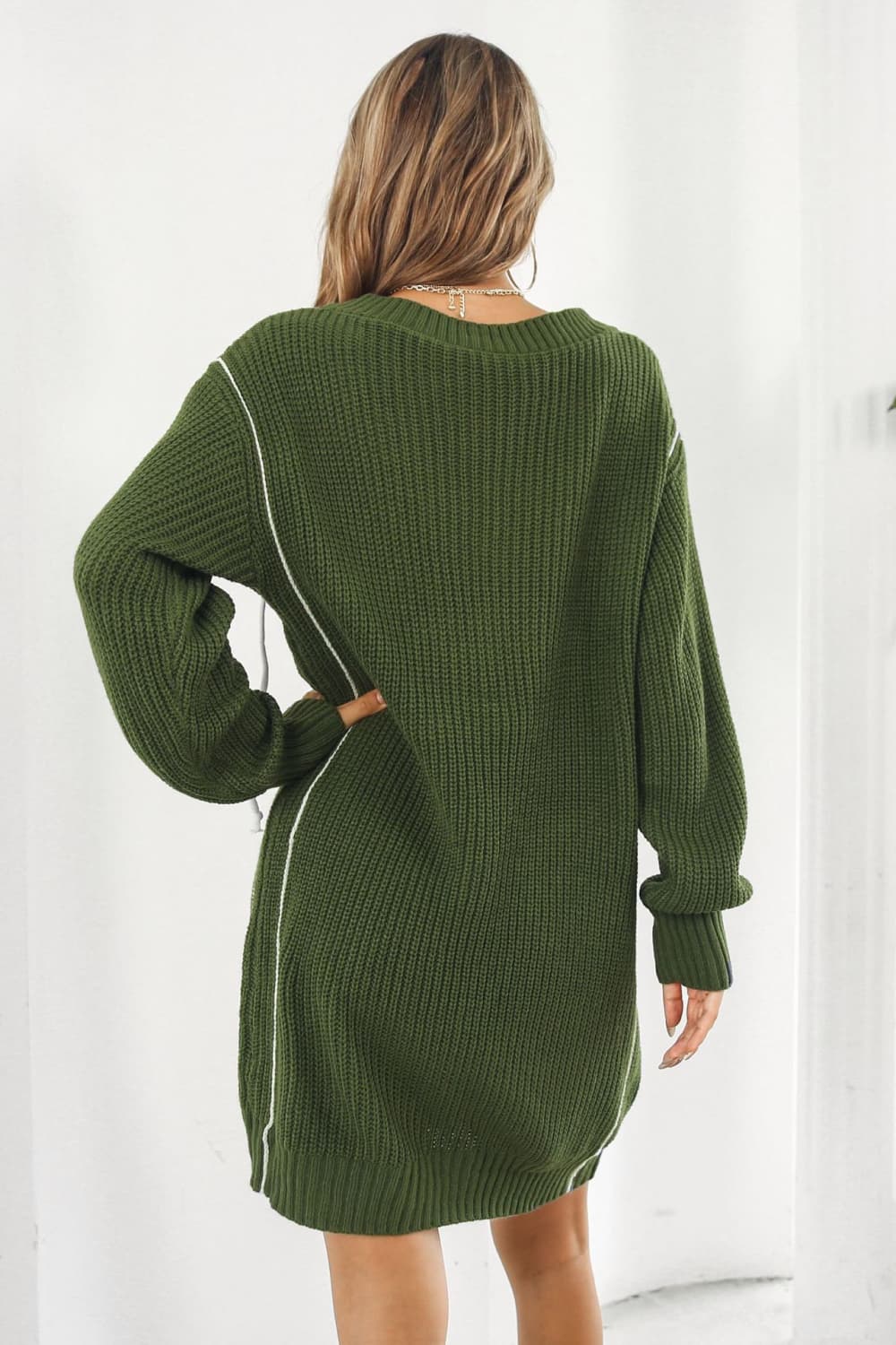 Contrast V-Neck Sweater Dress - AllIn Computer