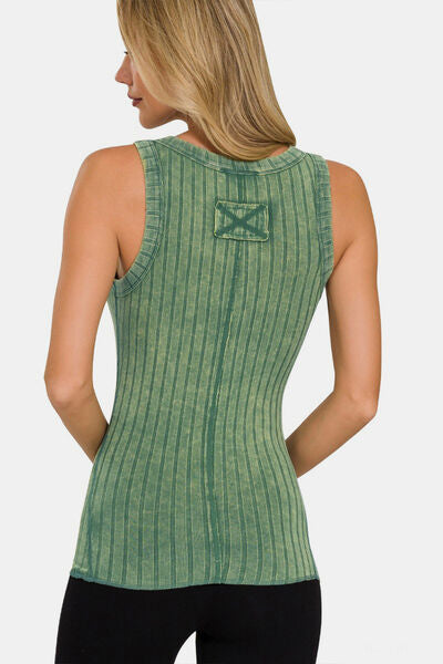 Zenana Washed Ribbed Half-Snap Henry Tank - AllIn Computer