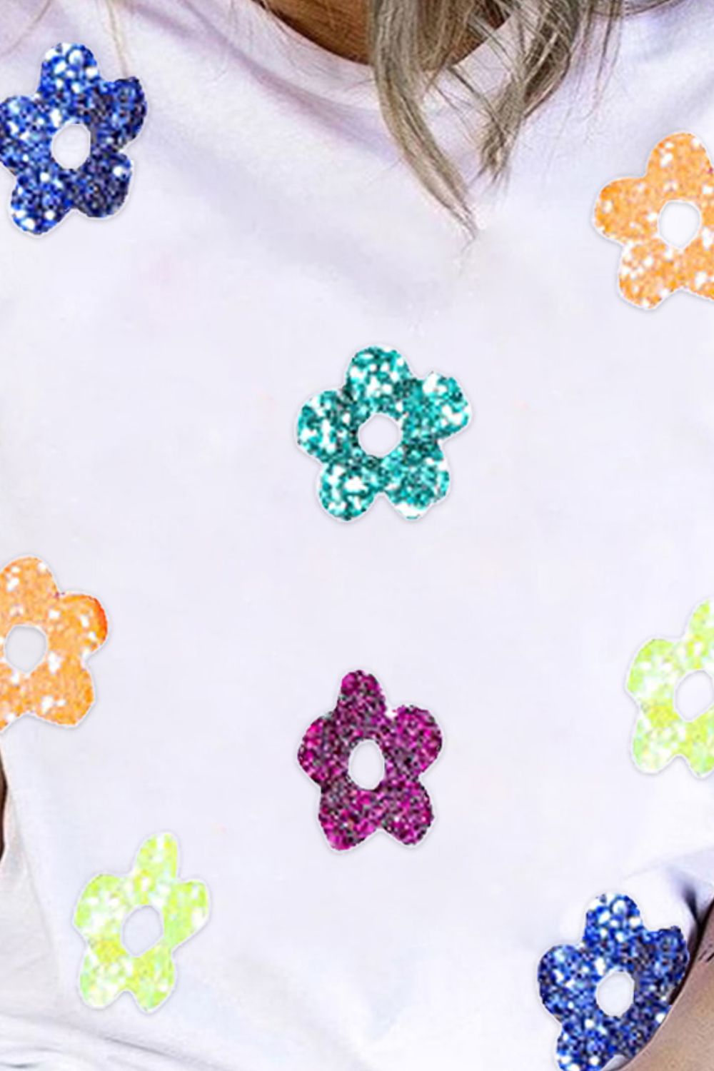 Sequin Flower Round Neck Short Sleeve T-Shirt - AllIn Computer