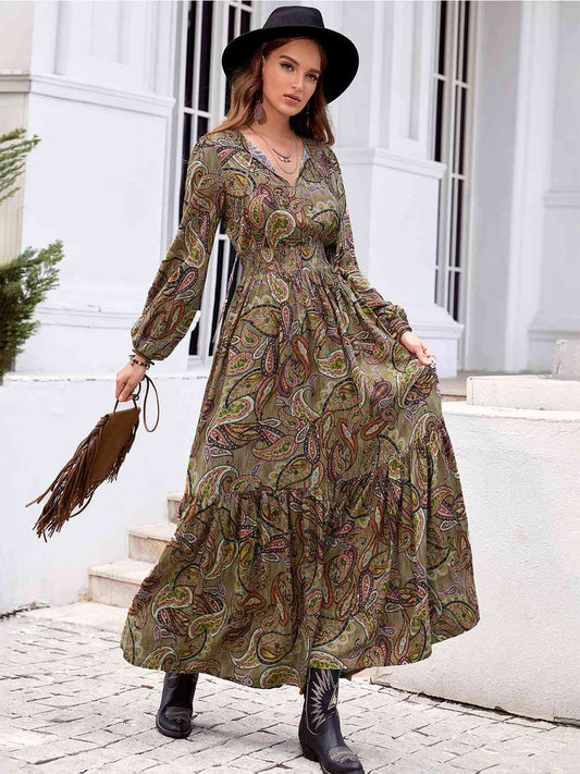 Printed Tie Neck Ruffle Hem Long Sleeve Dress - AllIn Computer