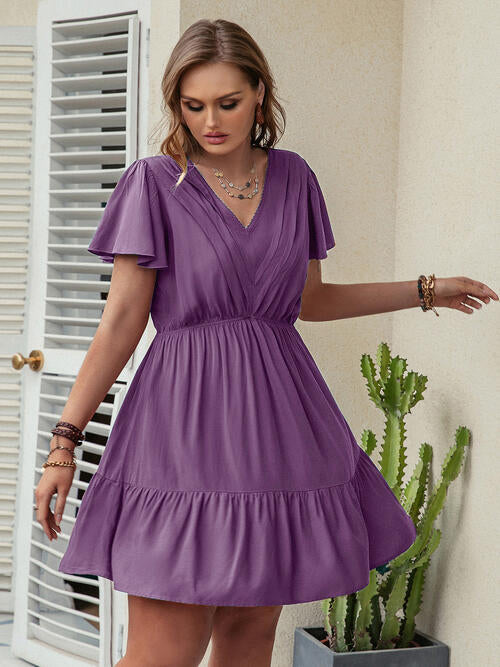 Double Take Plus Size Ruffle Hem V-Neck Short Sleeve Dress - AllIn Computer