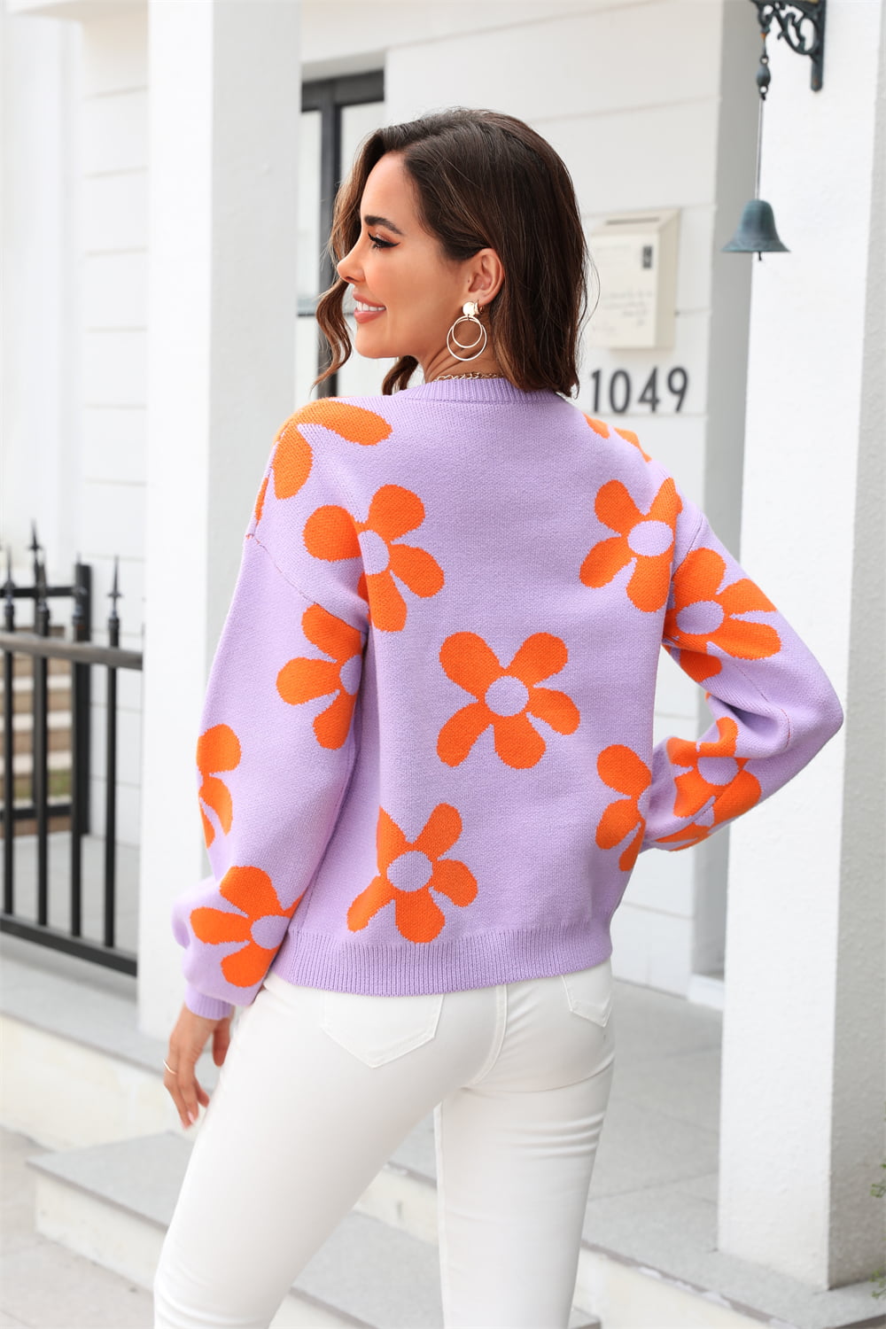 Floral Print Round Neck Dropped Shoulder Pullover Sweater - AllIn Computer