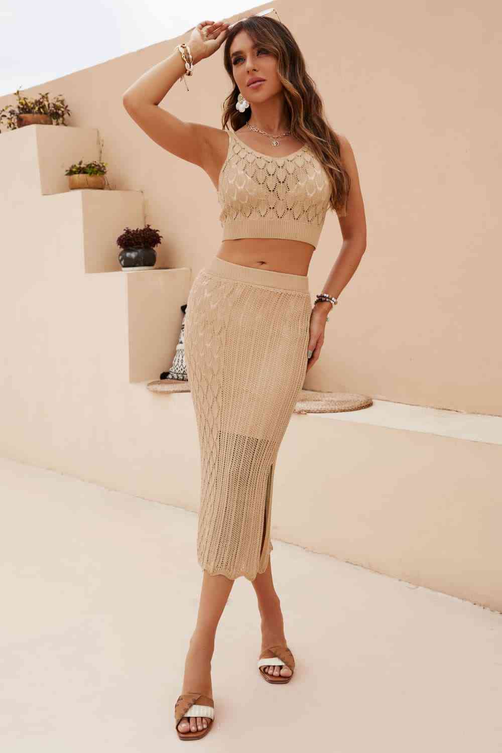 Openwork Cropped Tank and Split Skirt Set - AllIn Computer