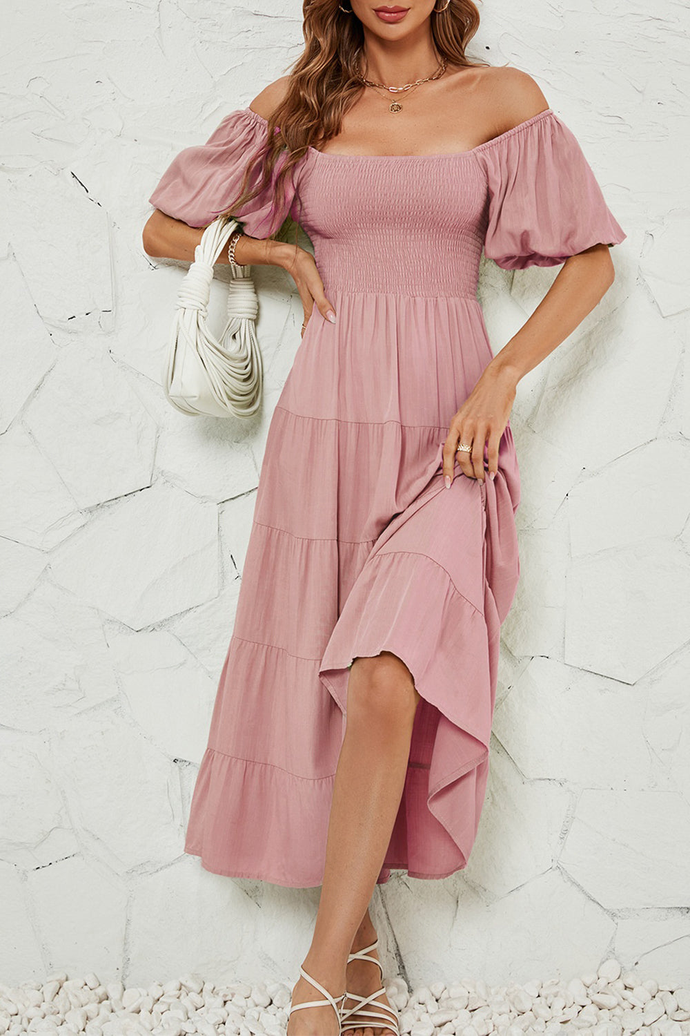 Smocked Square Neck Puff Sleeve Dress - AllIn Computer