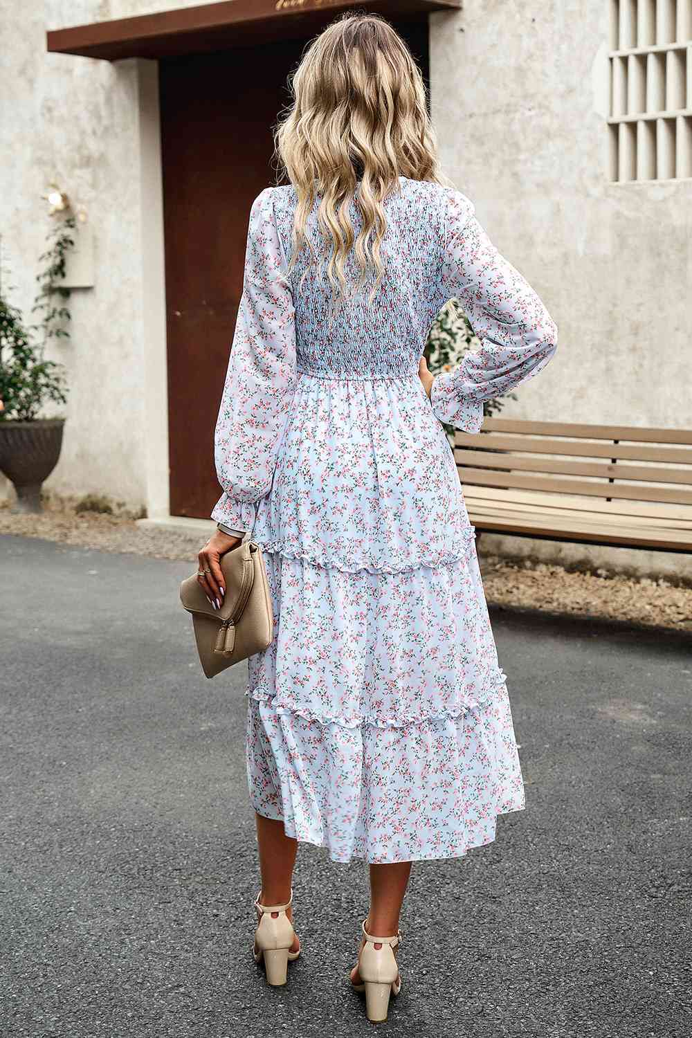 Smocked Flounce Sleeve Midi Dress - AllIn Computer