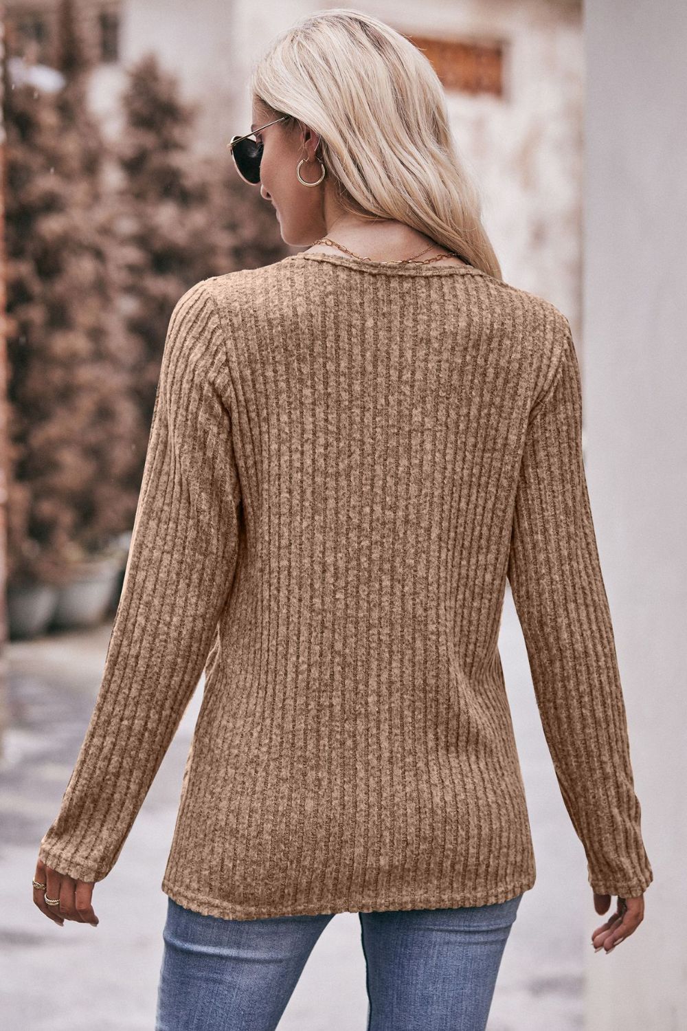 Double Take Ribbed Round Neck Buttoned Tee - AllIn Computer