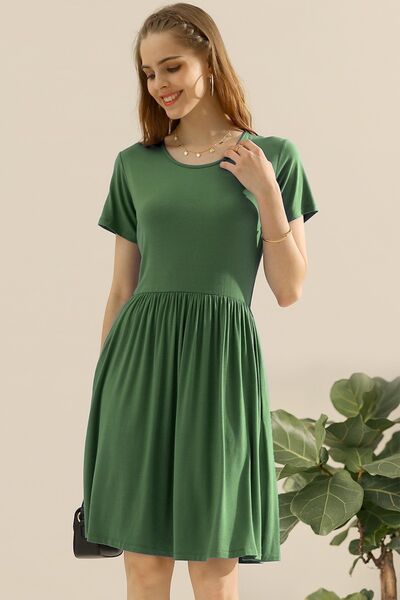 Ninexis Full Size Round Neck Ruched Dress with Pockets - AllIn Computer