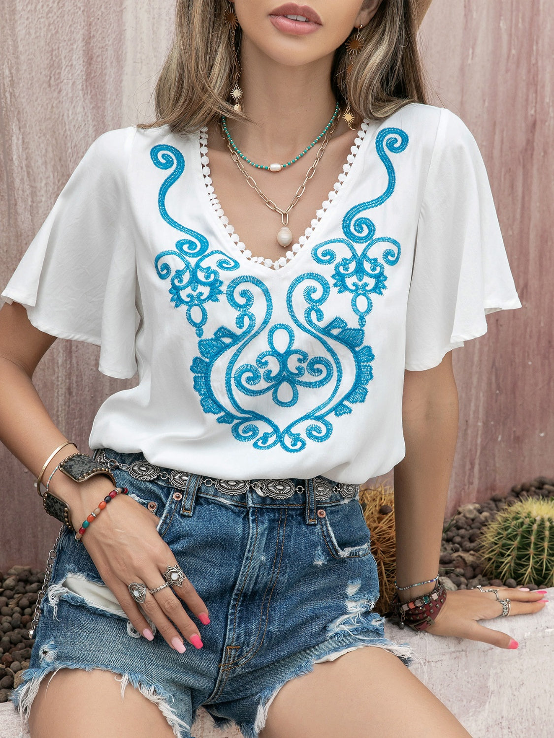 Graphic V-Neck Flutter Sleeve T-Shirt - AllIn Computer