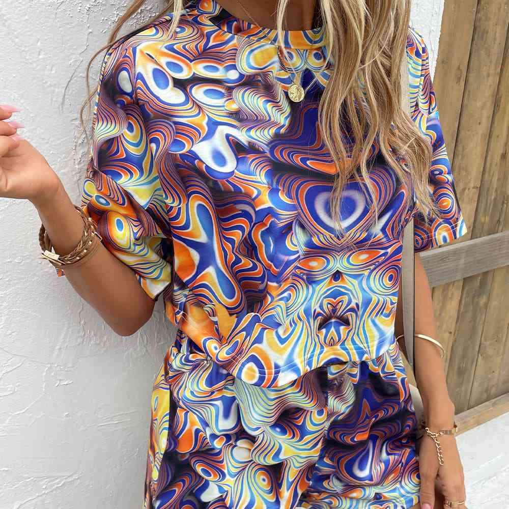 Printed Round Neck Dropped Shoulder Half Sleeve Top and Shorts Set - AllIn Computer