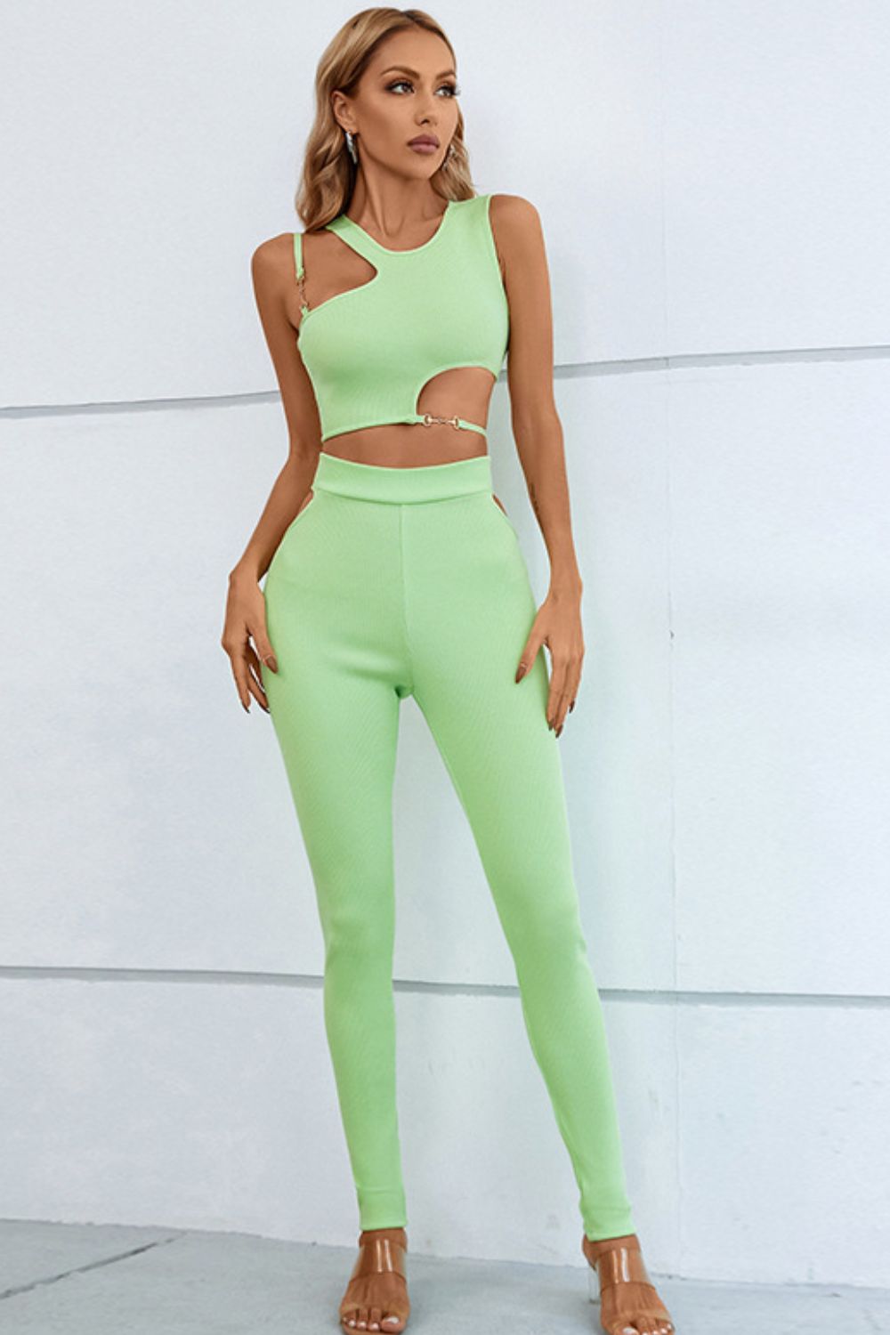 Asymmetrical Ribbed Cutout Tank and Pants Set - AllIn Computer