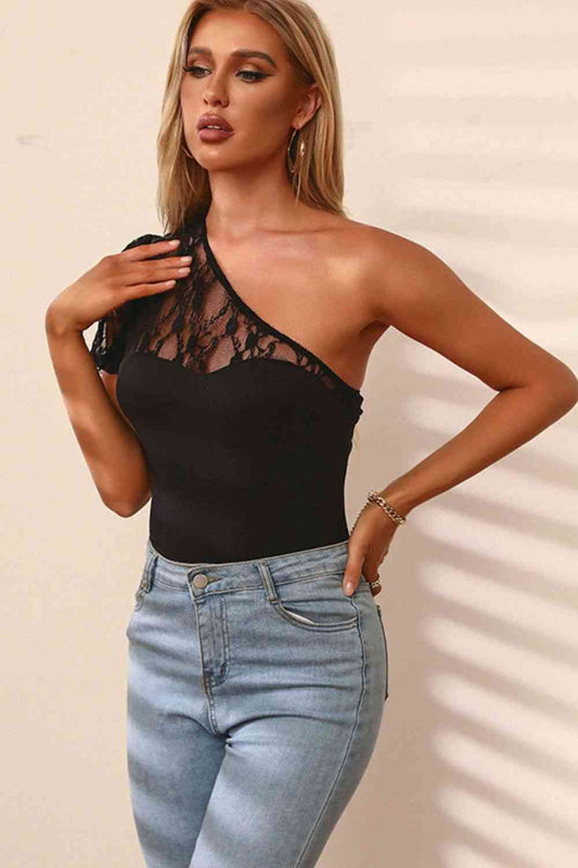 Spliced Lace One-Shoulder Bodysuit - AllIn Computer
