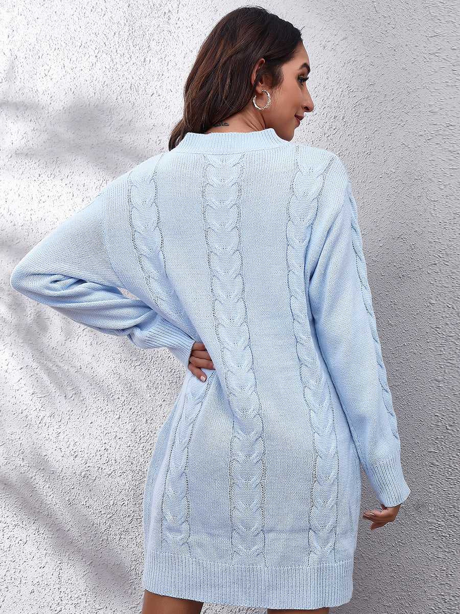 Cable-Knit Round Neck Sweater Dress - AllIn Computer
