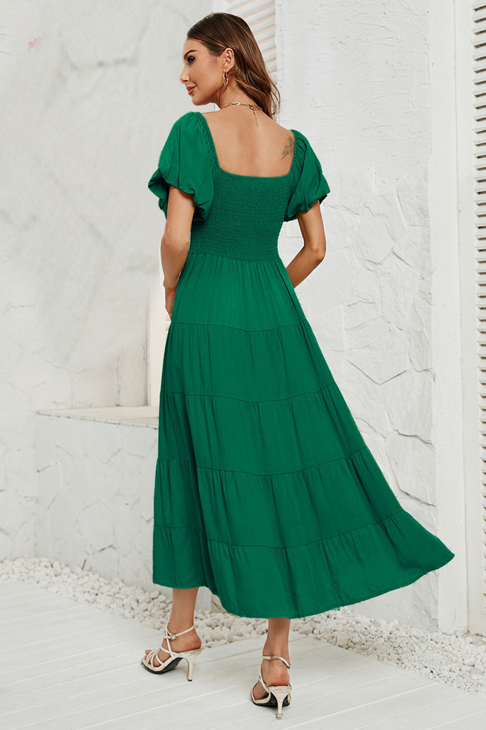 Smocked Square Neck Puff Sleeve Dress - AllIn Computer