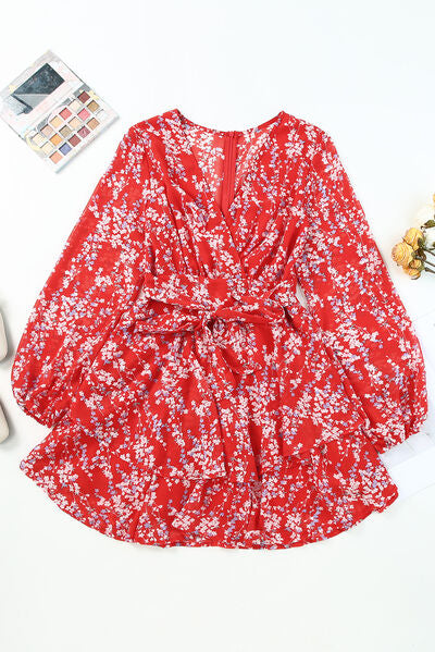 Printed Surplice Balloon Sleeve Layered Dress - AllIn Computer