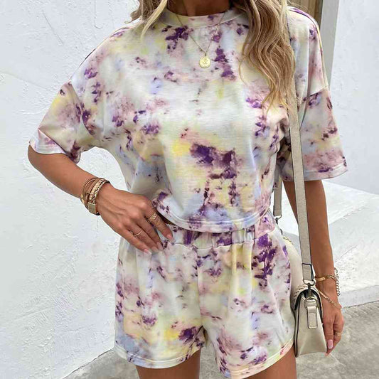 Tie-Dye Round Neck Dropped Shoulder Tie Dye Top and Shorts Set - AllIn Computer