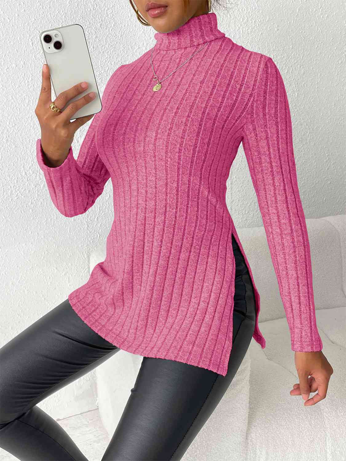 Ribbed Turtleneck Long Sleeve Slit T-Shirt - AllIn Computer