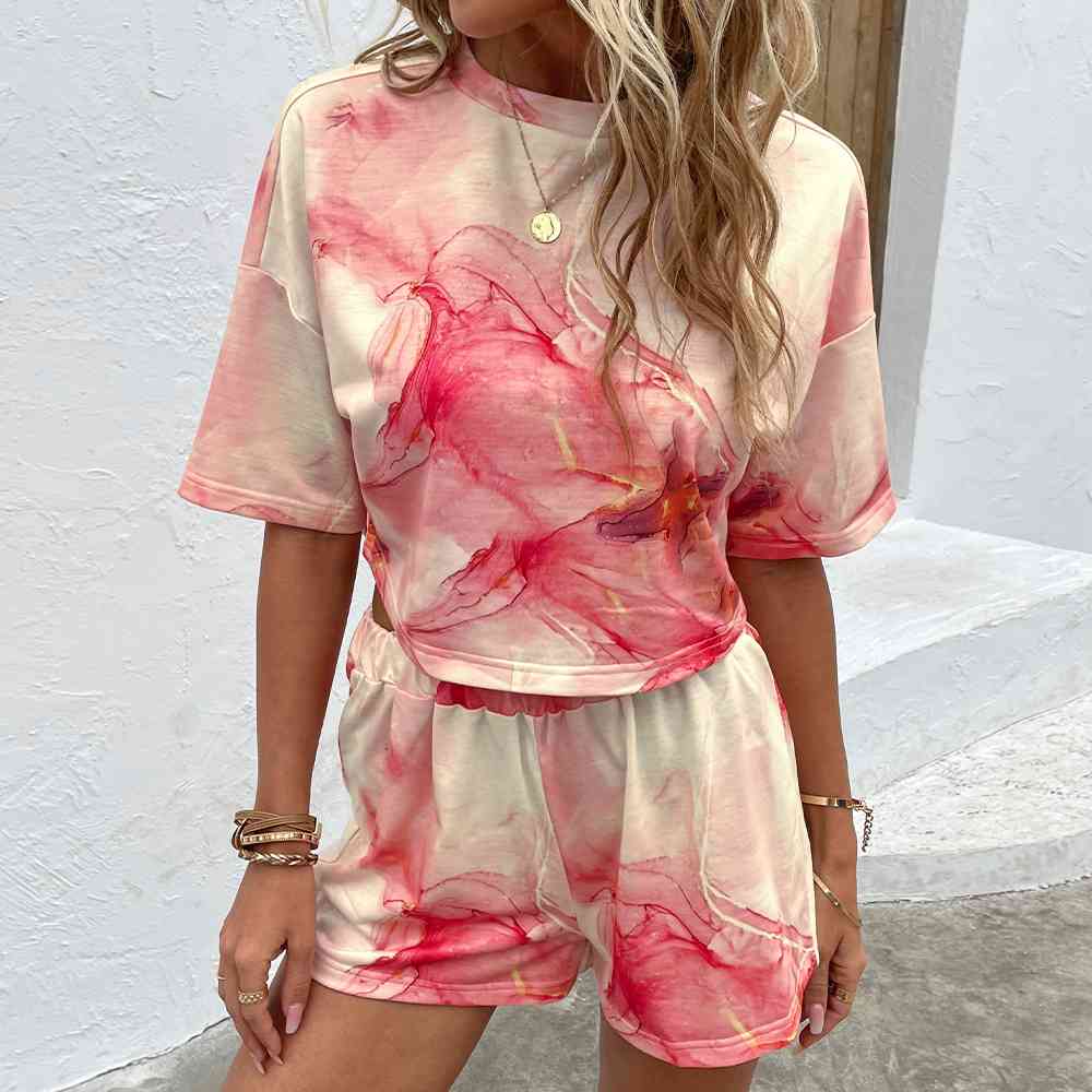 Printed Round Neck Dropped Shoulder Half Sleeve Top and Shorts Set - AllIn Computer