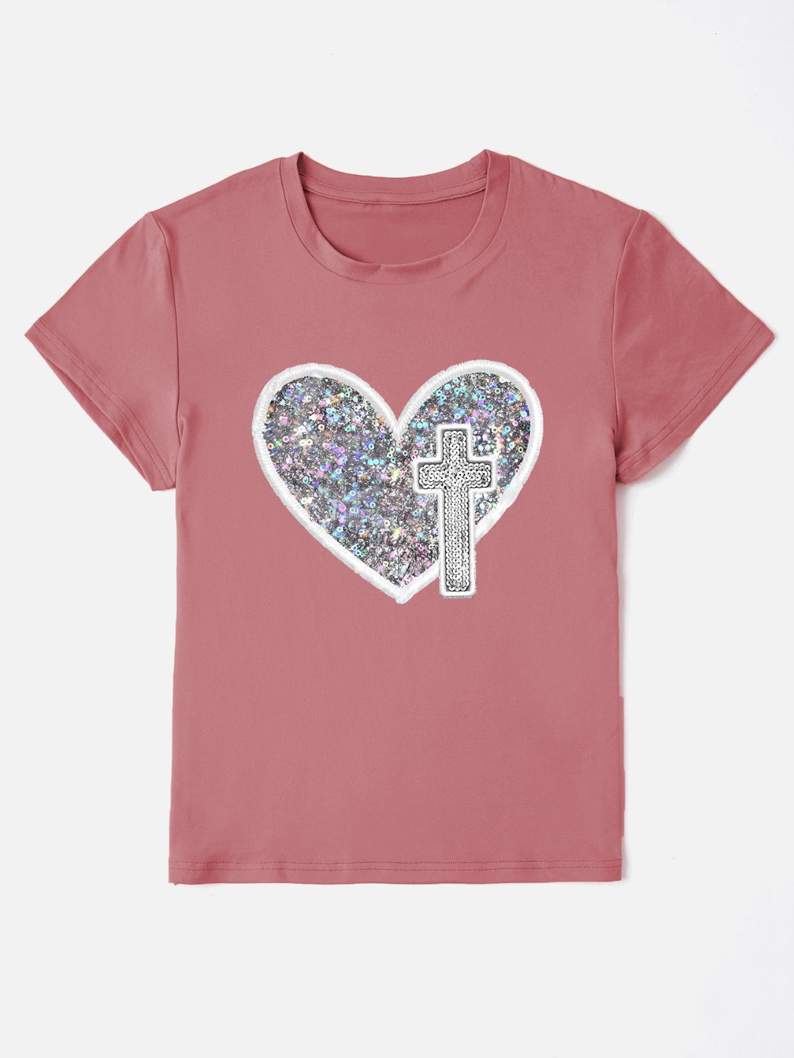 Sequin Heart Round Neck Short Sleeve T-Shirt - AllIn Computer