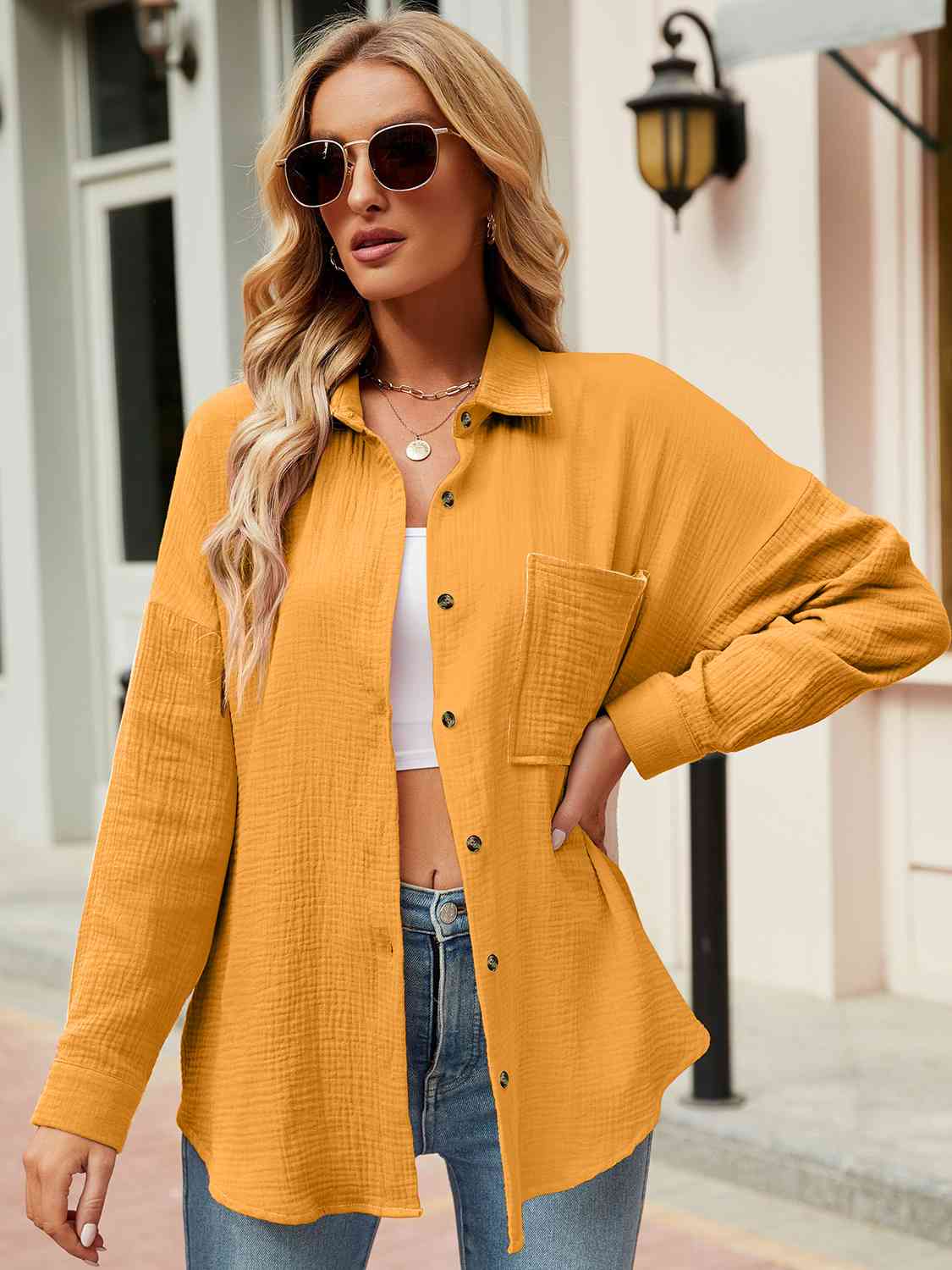 Button Up Collared Neck Drop Shoulder Shirt - AllIn Computer