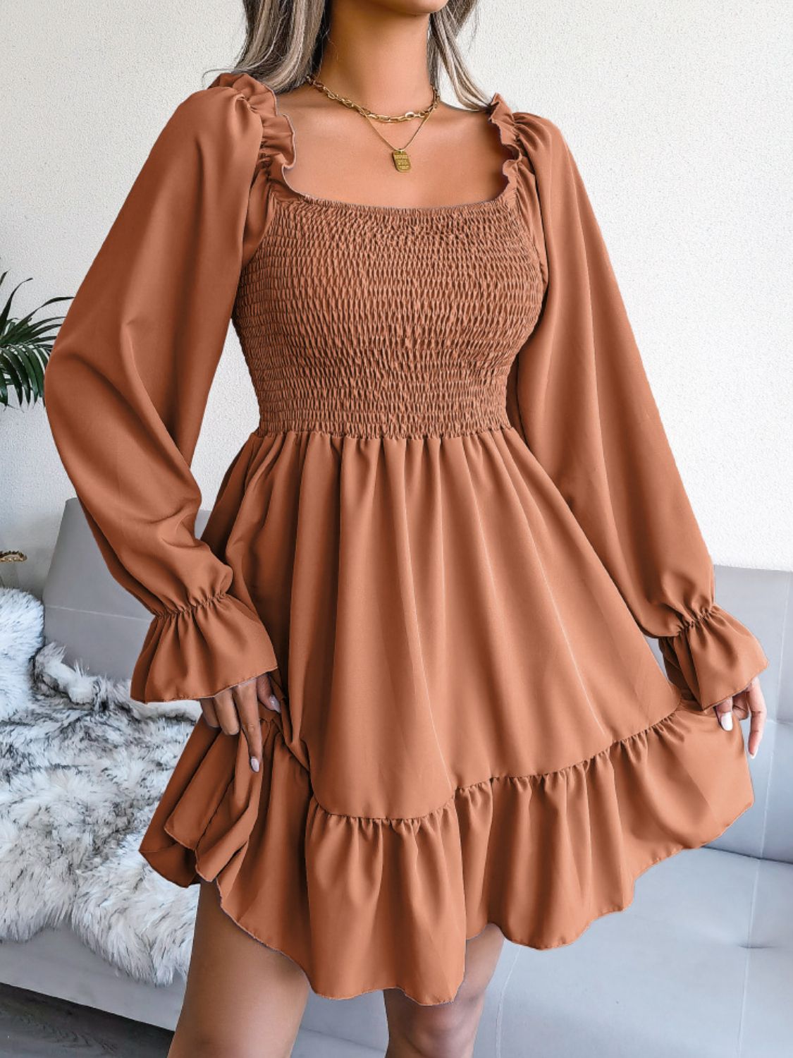 Smocked Flounce Sleeve Square Neck Dress - AllIn Computer
