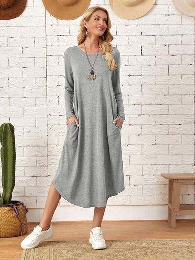 Pocketed Round Neck Long Sleeve Tee Dress - AllIn Computer