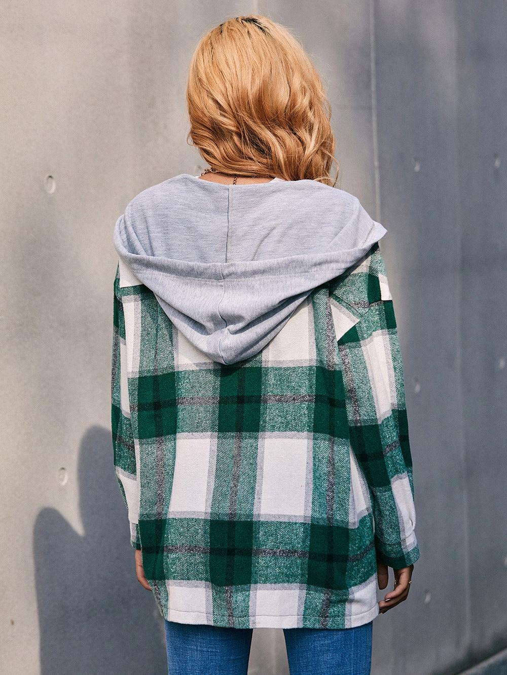 Plaid Dropped Shoulder Hooded Jacket - AllIn Computer