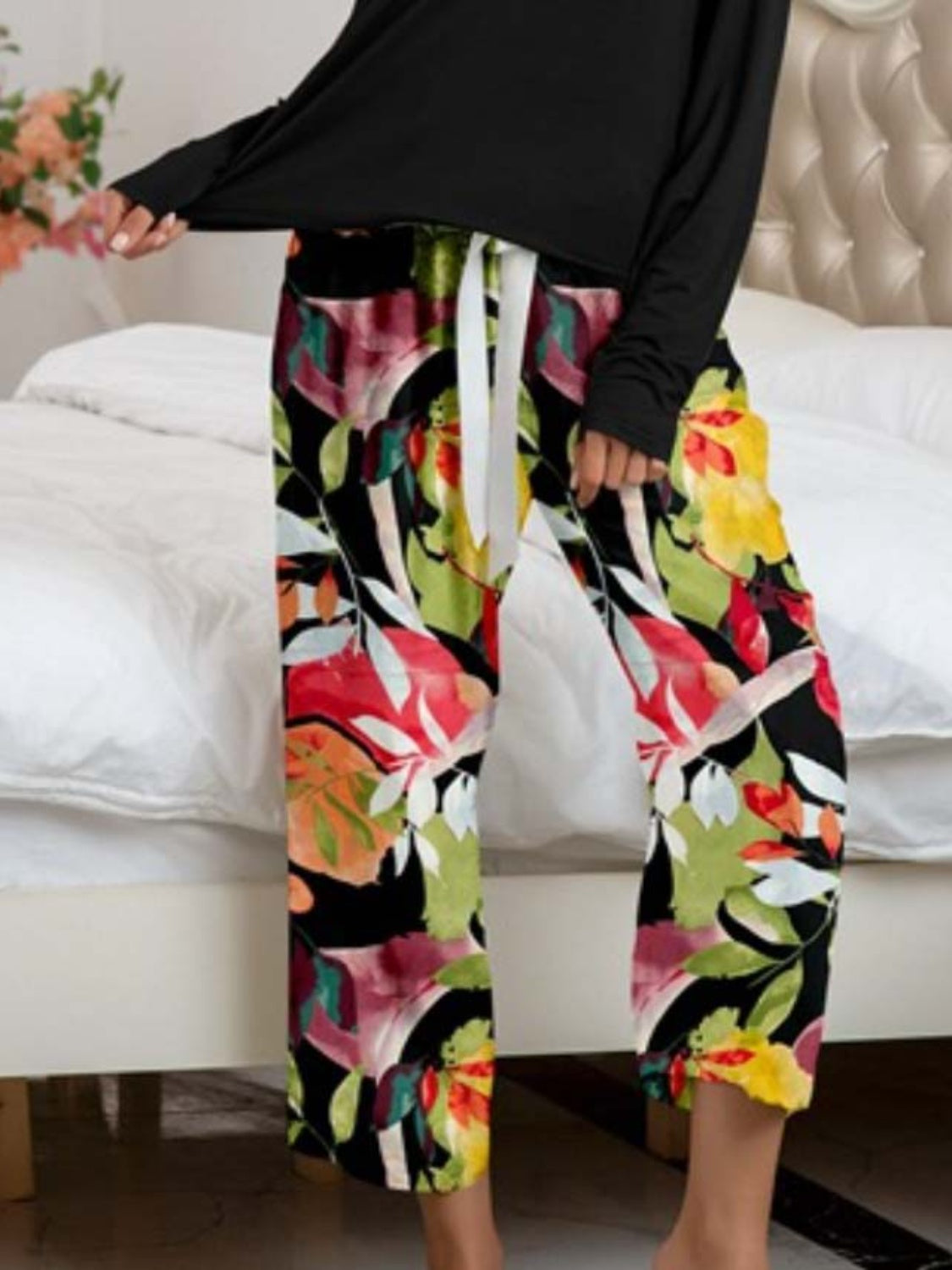 Round Neck Top and Printed Pants Lounge Set - AllIn Computer