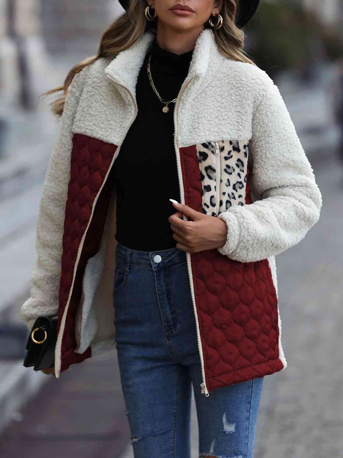 Leopard Color Block Zip-Up Jacket - AllIn Computer