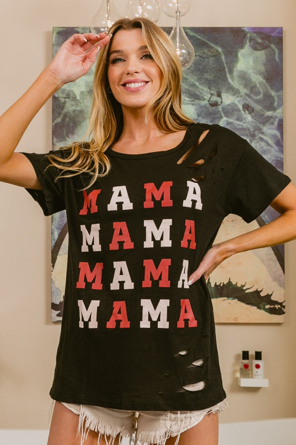 BiBi MAMA Graphic Distressed Short Sleeve T-Shirt - AllIn Computer