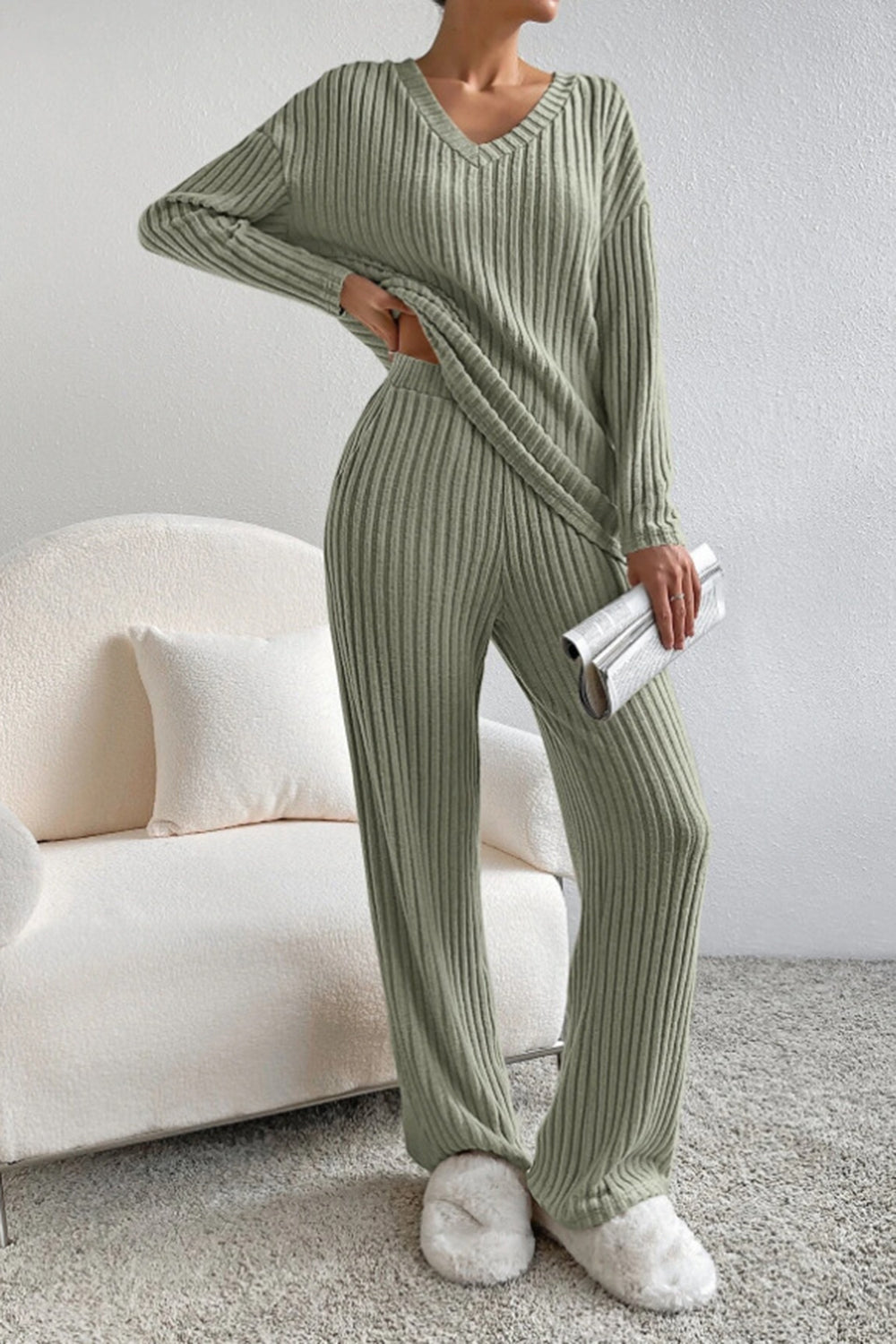 Ribbed V-Neck Top and Pants Set - AllIn Computer