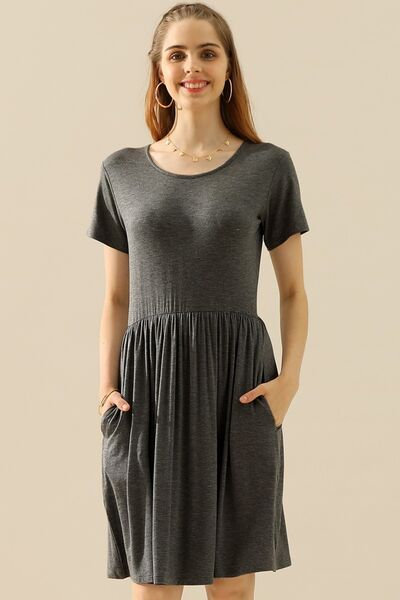 Ninexis Full Size Round Neck Ruched Dress with Pockets - AllIn Computer