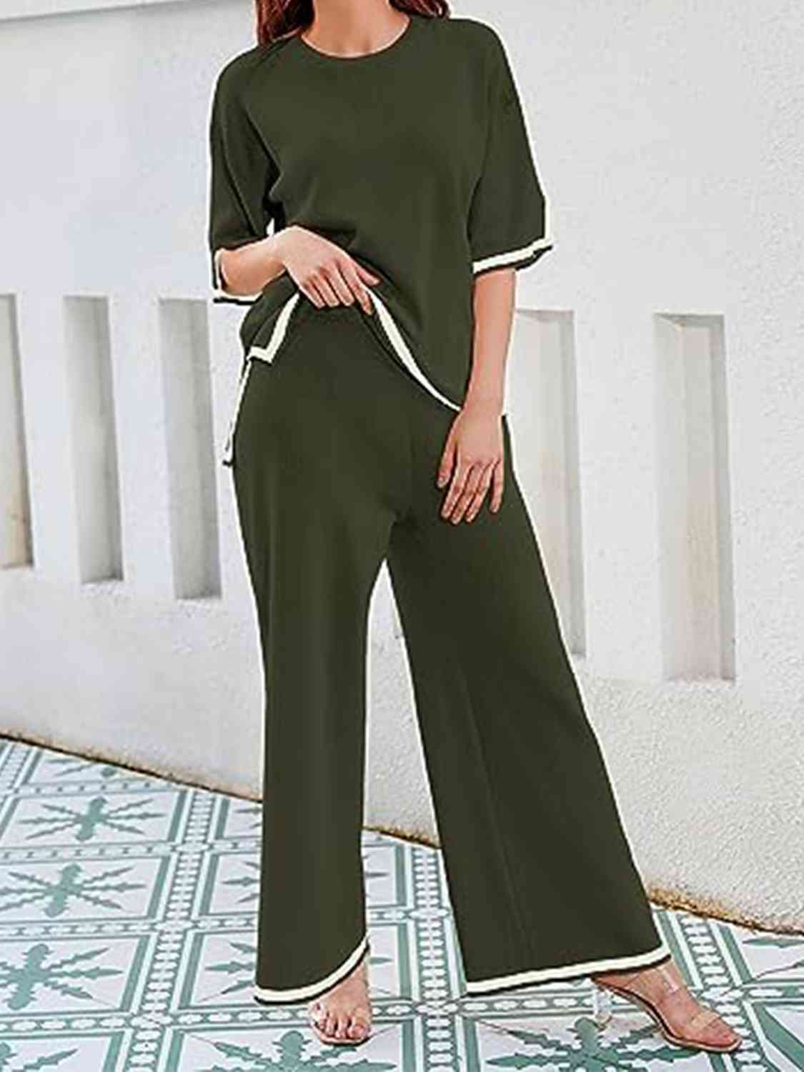 Contrast High-Low Sweater and Knit Pants Set - AllIn Computer
