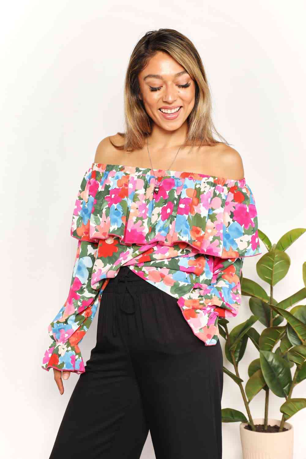 Double Take Floral Off-Shoulder Flounce Sleeve Layered Blouse - AllIn Computer