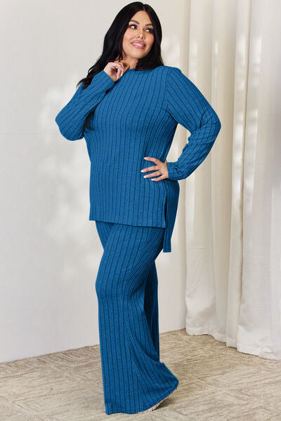 Basic Bae Full Size Ribbed High-Low Top and Wide Leg Pants Set - AllIn Computer