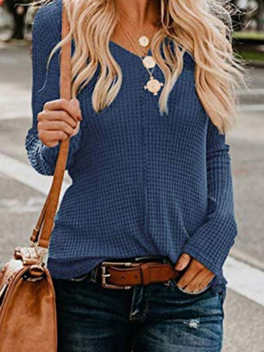 Waffle-Knit V-Neck Top - AllIn Computer